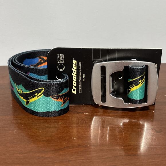 Croakies Unisex Nylon Belt Colorful Sharks Cut To Size Bottle Opener Buckle USA - Picture 1 of 6